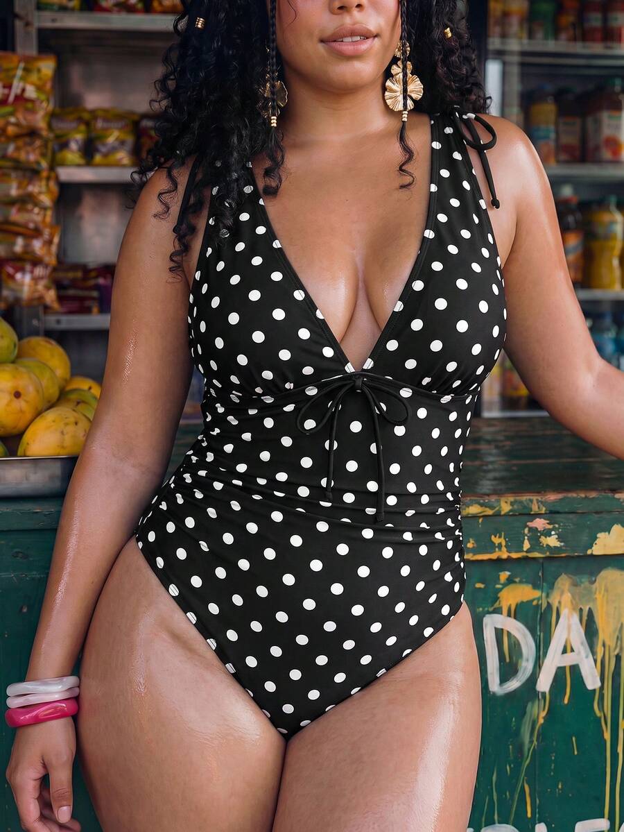SHEIN Swim Chicsea 大尺碼波點印花連身泳衣 - 黑與白 - 查看 1