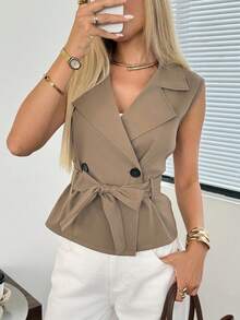 Easowa Women's Double-Breasted Sleeveless Trench Coat Autumn Formal Wear Work Business Office Outfits Black Casual Smart Elegant - Camel - View 7