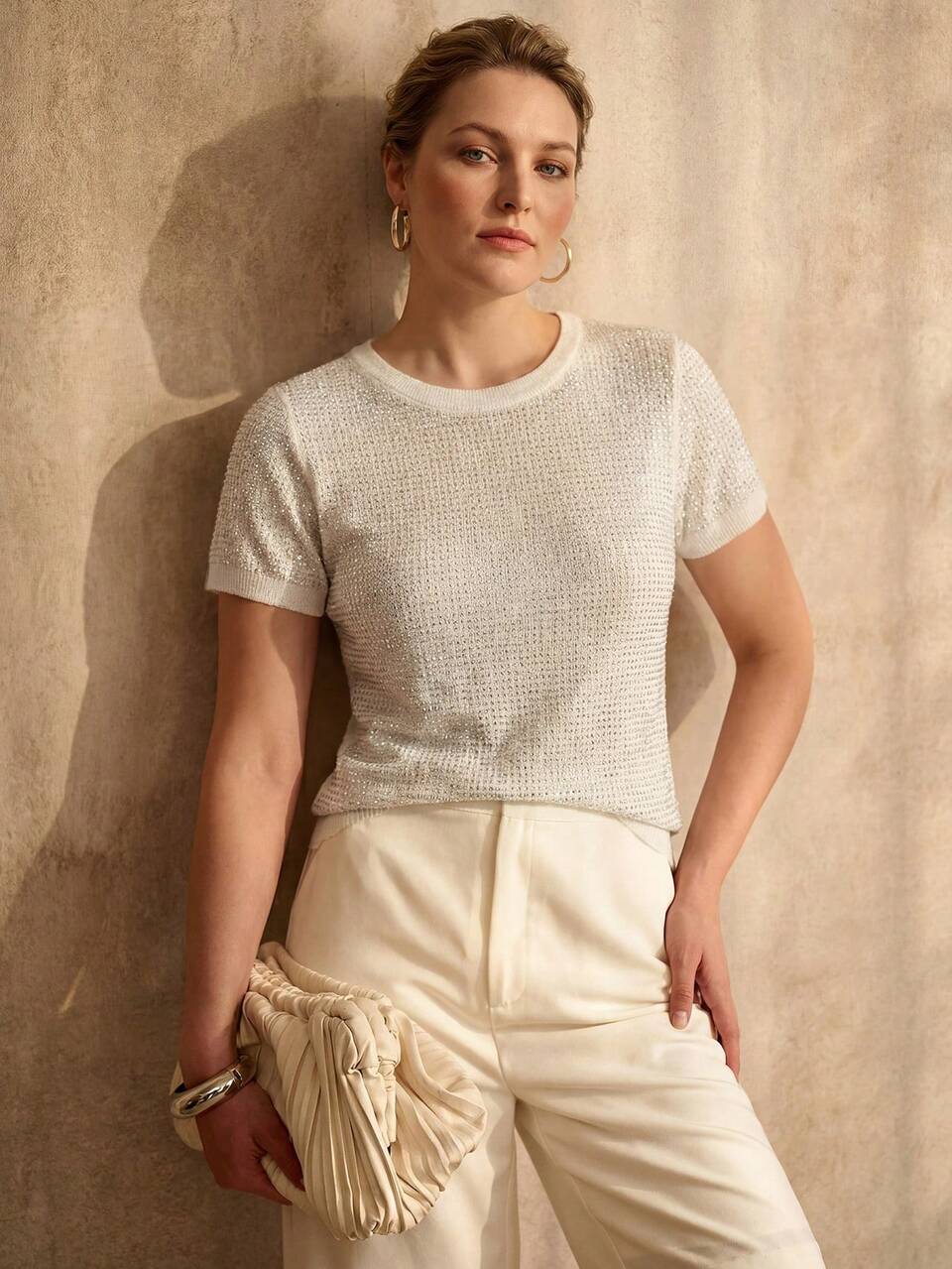 SPRING/SUMMER SHINY HEAVY RHINESTONE ROUND NECK SLEEVELESS PLUS SIZE KNIT TOP