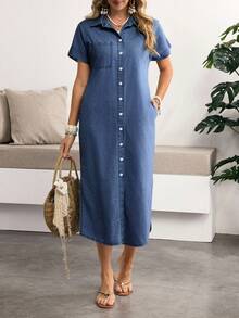 Sunnyshic Plus Size Single-Breasted Fashion Versatile Side Slit Denim Dress - Blue - View 6