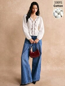 Poéselle 女款花卉刺繡對比蕾絲V領長袖襯衫 - 白色 - 查看 3