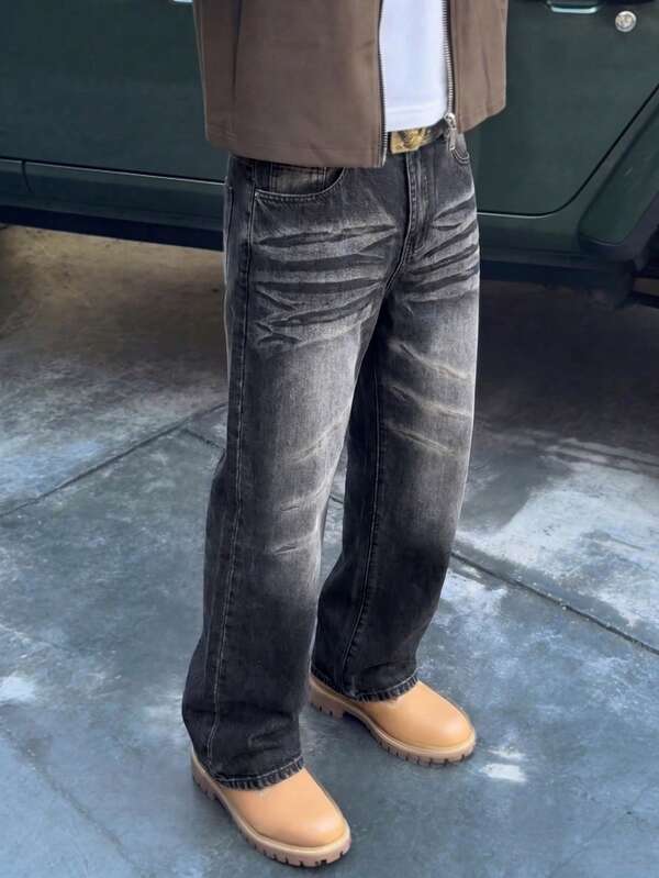 Claim Dot Men's Vintage Washed Black & Grey Denim Loose Wide Leg Streetwear Long Pants