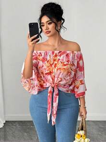 Elenzga Plus Size Women's Casual Floral Print Tie-Front Off-Shoulder Blouse - Multicolor - View 3