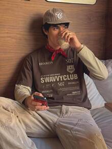 SWAVVY 男士針織時尚日常年輕休閒英文印花拼接寬鬆長袖T恤 - 棕色 - 查看 5
