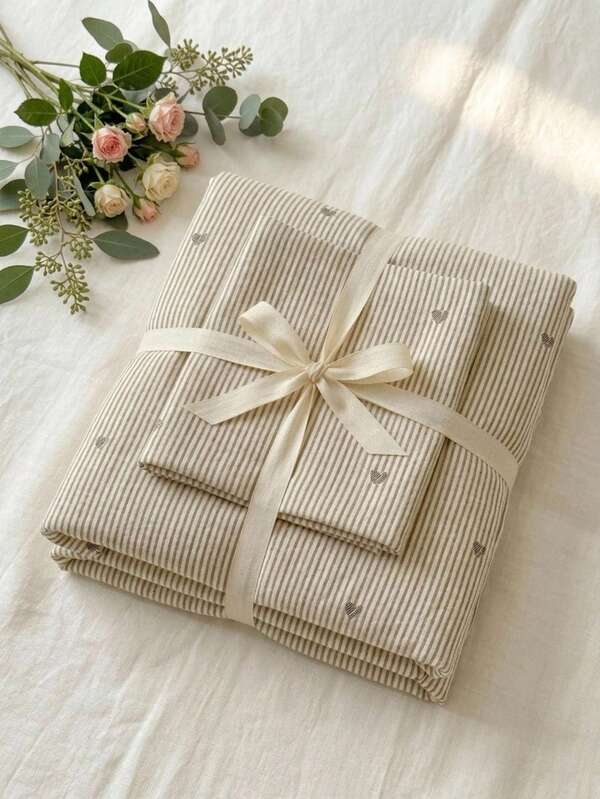 Cirelle 2/3 Pcs Striped Duvet Cover Set With Mini Hearts - Soft Breathable Polyester Bedding Set, Cozy Style Comforter Cover With 1/2 Pillow Shams (No Insert)