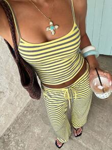 Aloruh Setelan Kasual Musim Panas/Semi Wanita Warna Kuning Minimalis Bergaris Motif Blok Warna untuk Liburan, Atasan Camisole dan Celana Panjang dengan Tali Pinggang, 2 Potong - Kuning - View 3