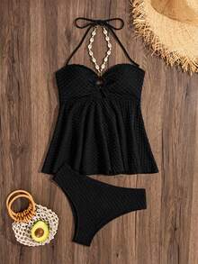 Swim Lushoire Women's Summer Beach Shell Decor Halter Tankini Swimwear Set - Black - View 5