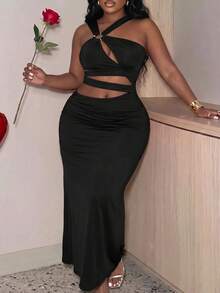 Slaydiva Plus Size Ring Cutout Sleeveless Bodycon Dress, Sexy Elegant Party Club Date Night Evening Dress - Black - View 6
