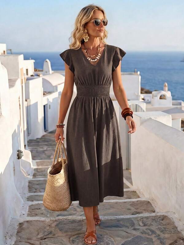 Faunlyn Casual Jamaican European Women's Solid Color Shirred Flutter Sleeve Shirred Waist Dress Vacation Charcoal Gray Summer Vacation