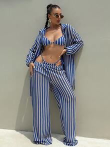 Swim SXY-D 女士蓝白条纹提花面料细肩带金属装饰比基尼套装，春夏款 - 藍白色 - 查看 6