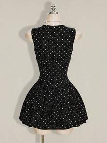 SHEIN ICON 女款夏季休閒復古可愛黑白波點印花無袖迷你洋裝，適合派對、夜出與日常穿著 - 黑色 - 查看 2