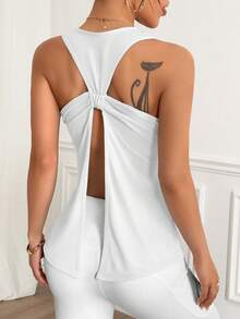 Easithlete Solid Color Twisted Back Split Sports Tank Top - White - View 3