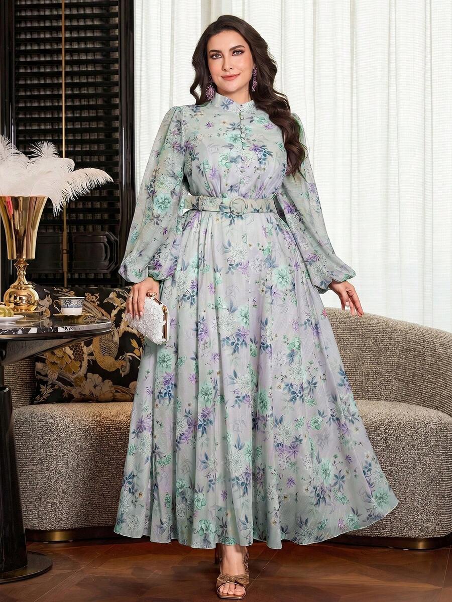 Modelyn 大码女式印花褶皱腰身优雅派对连衣裙 - 藍色 - 查看 1