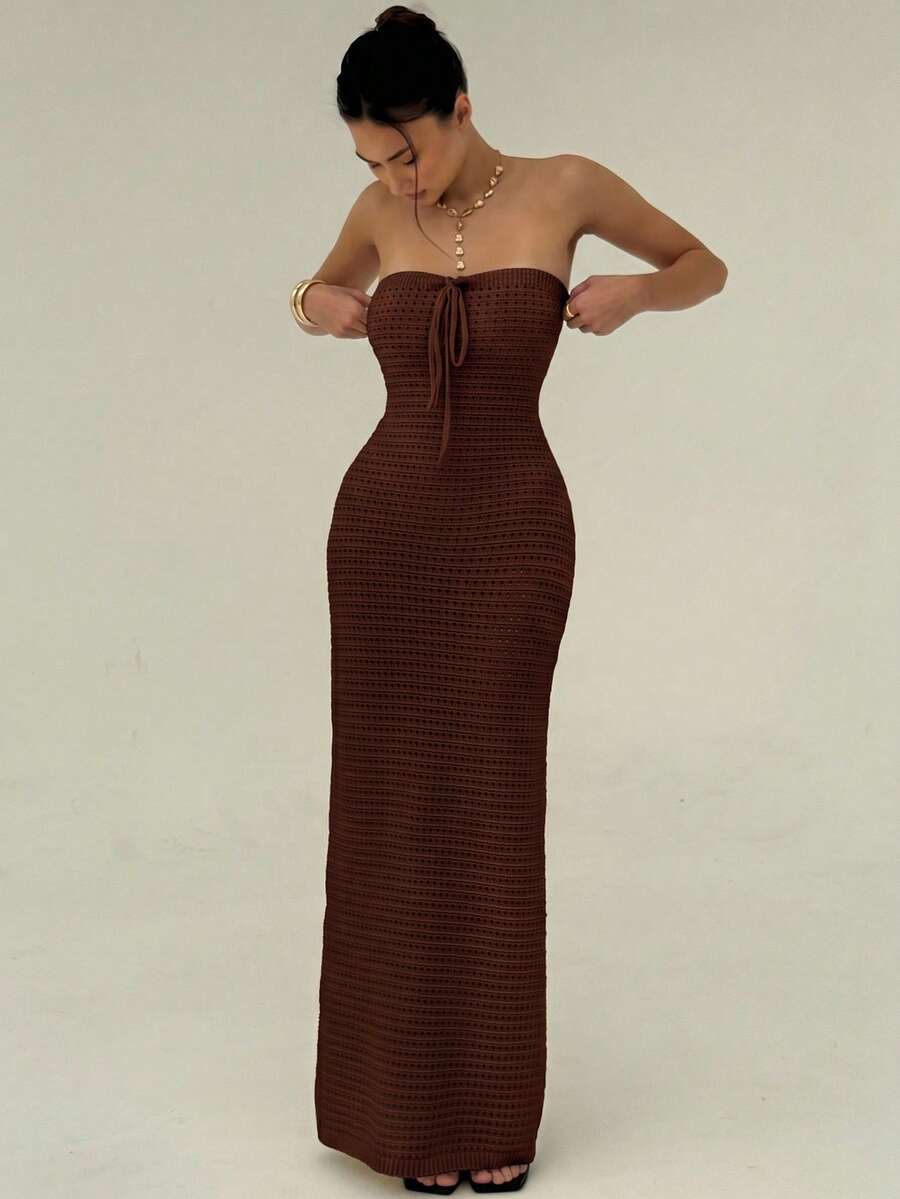 Aloruh Crochet Summer Romantic Vacation Spring/Summer Fitted Handmade Crochet Tube Top Dress For Women - Coffee Brown - View 1