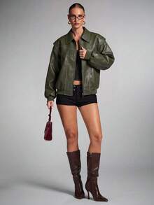 SHEIN x Tata & Beatriz SHEIN BAE Women's Solid Color PU Leather Long Sleeve Zipper Front Jacket - Army Green - View 7
