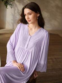 MOTF PREMIUM Vestido de ropa de estar en casa con manga larga y encaje en contraste para mujer - Púrpura malva - Ver 6