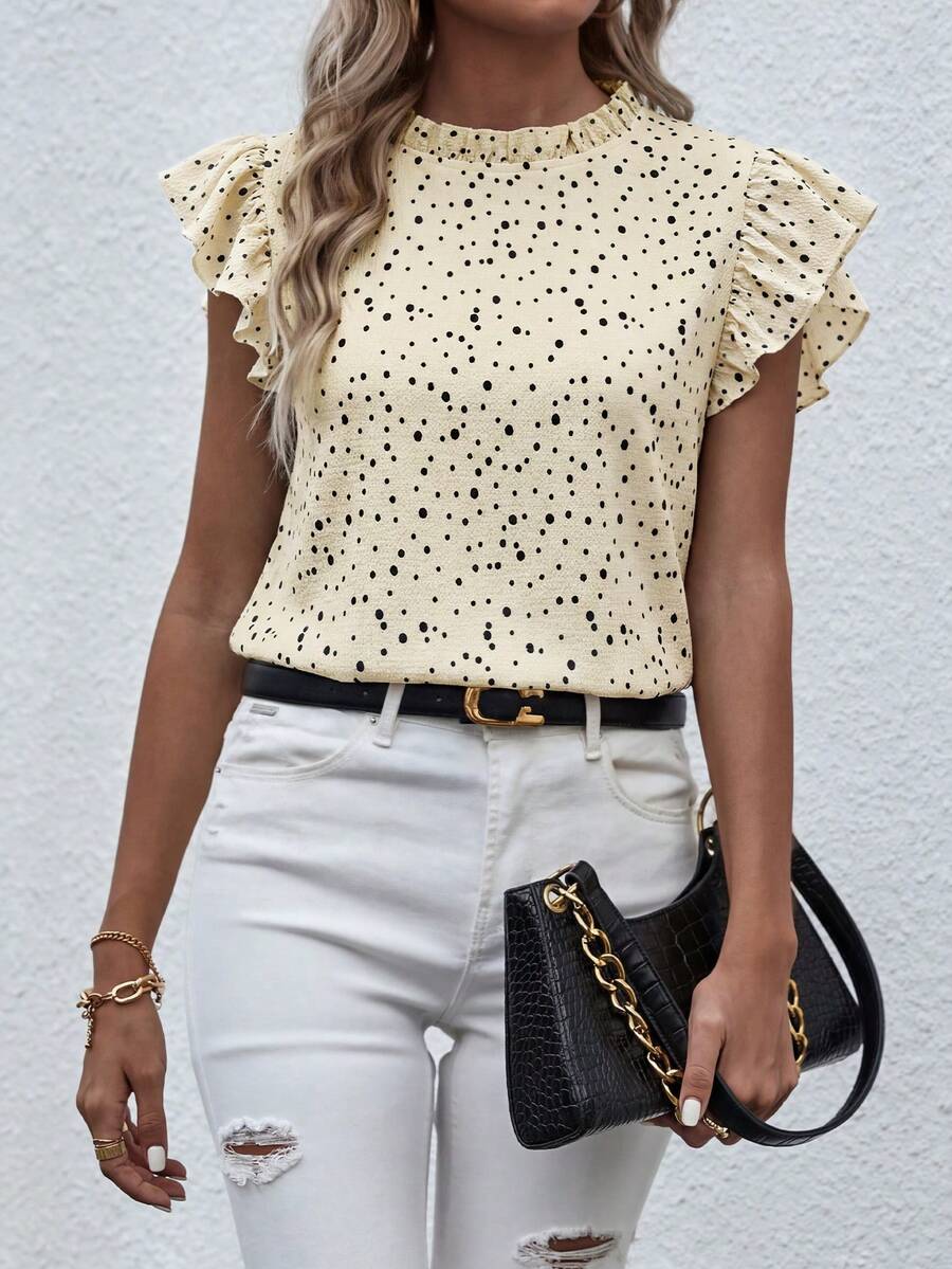 SHEIN LUNE Mock Neck Frill Trim Ruffle Blouse For New Year Clothes - Apricot - View 1