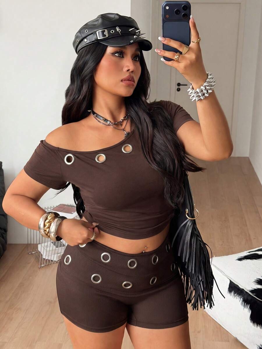 Coolane Women's Plus Size Summer Fall Street Style Anti Social Casual Goth 70's 80s Grunge Sexy Hot Girl Cropped Asymmetrical Shoulder T-Shirt Rave Brown