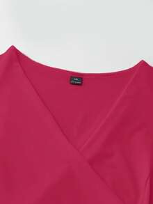 SHEIN LUNE CURVE Plus Size Women's Elegant Casual Spring/Summer Short Sleeve Ruched Wrap Elastic Top - Burgundy - View 6
