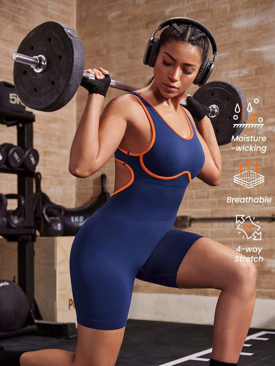 Powerista Women's Piped Back Cutout Design Sleeveless Athletic Romper Shorts Navy Blue And Orange Color Blocking Fitness Workout Running Gym Fashion