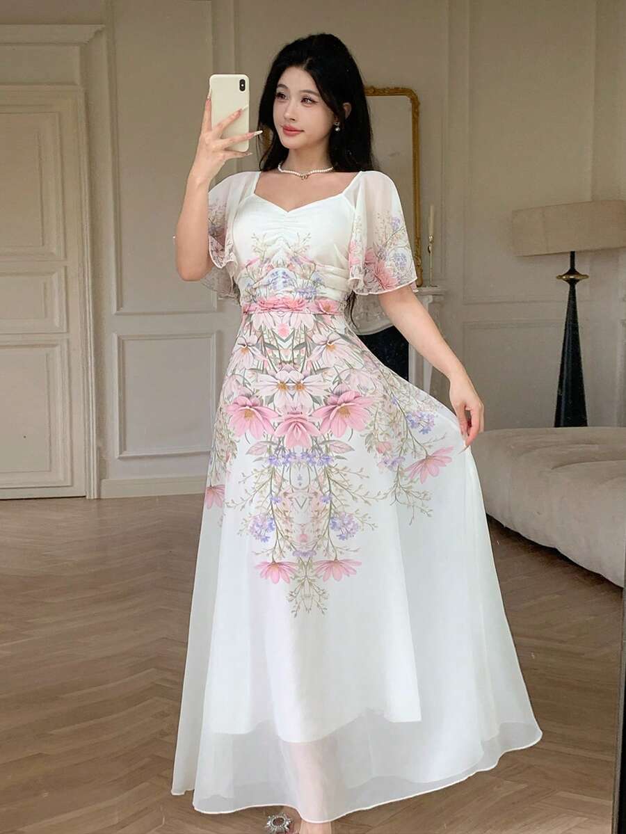 Modelyn 女款雪紡拼接印花蝙蝠袖短袖抓皺夏季甜美洋裝 - 彩色 - 查看 1