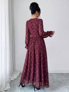 Modelyn 法式设计甜心领系带灯笼袖中长连衣裙（女款） - 酒紅色 - 查看 2