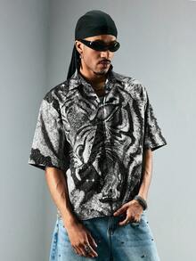 ROMWE MEN Street Life Men's Turn-Down Collar Tiger Print Digital Shirt - Black - View 6