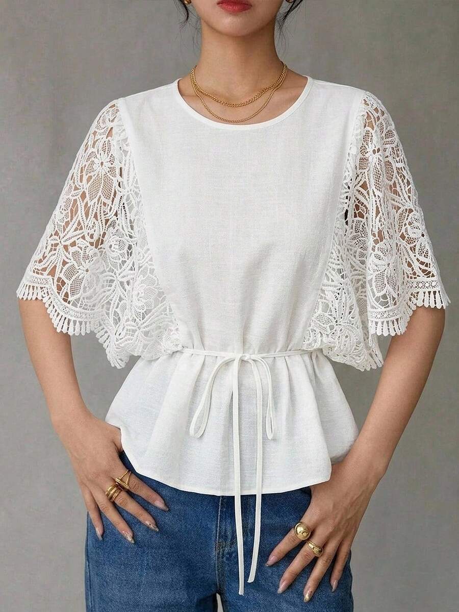 Heiryn 女款純色圓領百褶休閒法式優雅浪漫日常早午餐辦公室茶會日派對午餐約會出遊襯衫 白色夏季 - 白色 - 查看 1