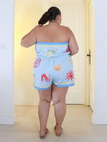 Pretty and Ole Plus Size Women Summer Casual Loose Halter Wide Leg Striped Print Jumpsuit For Beach & Vacation - Blue and White - View 2