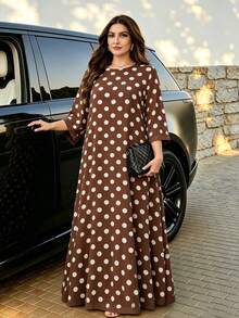 Al Najma Plus Size Women's Chiffon Flowy Round Neck 3/4 Sleeve Polka Dot Comfortable Elegant Romantic Arabian Dress - Coffee Brown - View 1