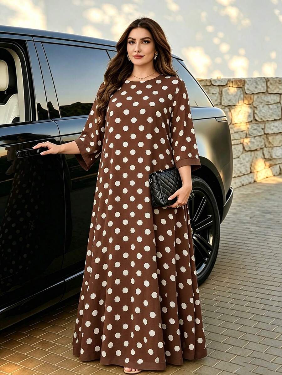 Al Najma Plus Size Women's Chiffon Flowy Round Neck 3/4 Sleeve Polka Dot Comfortable Elegant Romantic Arabian Dress - Coffee Brown - View 1