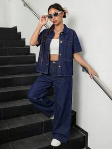 2 Potong Baju Kemeja Lengan Pendek Longgar Denim Biru Tua dan Celana Jeans Longgar dan Nyaman untuk Remaja Perempuan - Biru - View 2