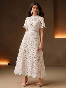 Anewsta Women's Heavy Embellished Hollow Lace Design Daily Date Evening Dress - White - View 4