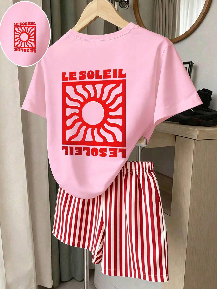 女童清新復古紅綠旋渦太陽藝術海報字母印花基本款短袖T恤與白綠直條紋短褲套裝 - 彩色 - 查看 1
