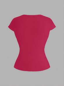 SHEIN LUNE CURVE Plus Size Women's Elegant Casual Spring/Summer Short Sleeve Ruched Wrap Elastic Top - Burgundy - View 4