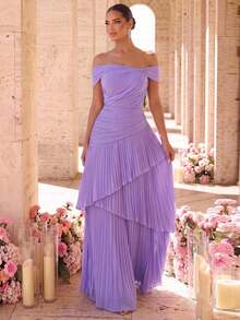 Glamrae Elegant Formal Princess Luxurious Glossy Organza Satin Pleated Off-Shoulder Mermaid A-Line Dress Suitable For Wedding Prom Vow Bachelor Party - Mauve Purple - View 6