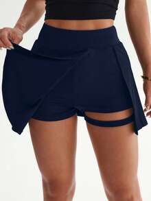 Dewbera Dewbera Women's Summer Tennis Skirt Elastic High Waist Tummy Control Slit A-Line Hem Built-In Shorts Athletic Modest Athleisure Skort Gym Navy Blue - Navy Blue - View 5