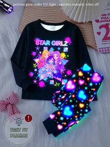 SHEIN 女童 UV 紫光感光發光卡通公主睡衣套裝，動漫女孩印花風，純黑色配霓虹螢光愛心圖案，針織彈性修身款，春秋圓領長袖褲子休閒兩件式居家服 - 彩色 - 查看 4