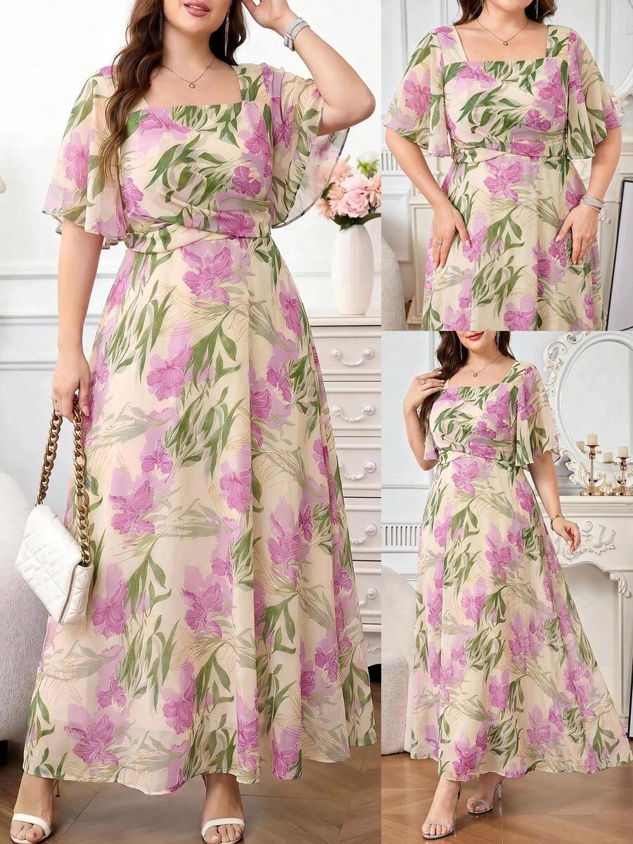 Reflora Plus Size Women's Floral Print Square Neck Ruffle Short Sleeve Elegant Dress - Multicolor - View 1