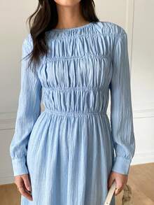 Solavon Women's Solid Color Round Neck Long Sleeve Pleated Elegant Modest Dress Tea Party Brunch Baby Blue Fall - Blue - View 6
