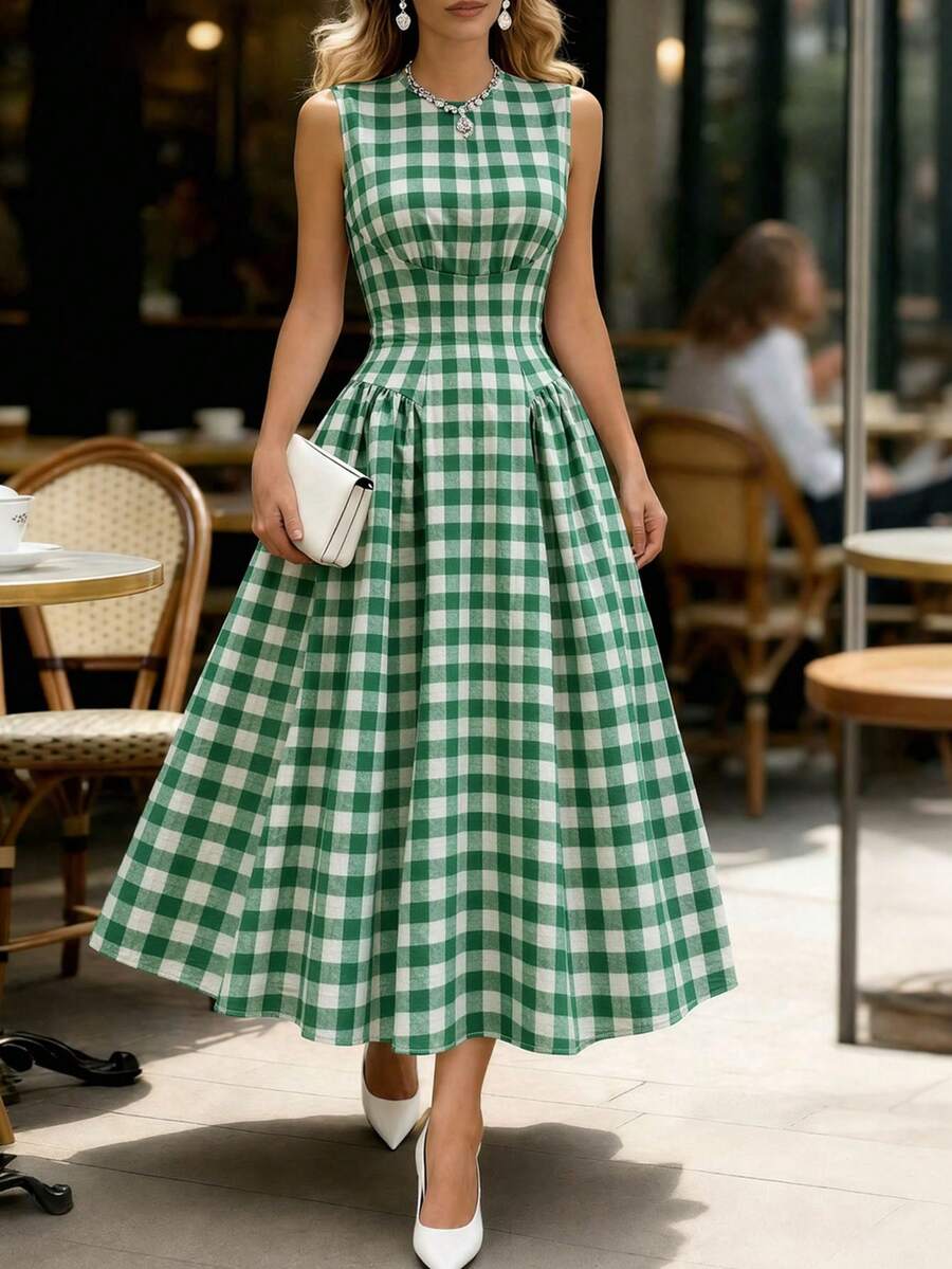SHEIN New Spring/Summer Sleeveless Green Plaid Midi Dress For Women - Green - View 1