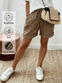 EMERY ROSE Pantalones cortos de mujer talla grande de unicolor con cordón en la cintura, versátiles y de uso diario - Marrón - Ver 1