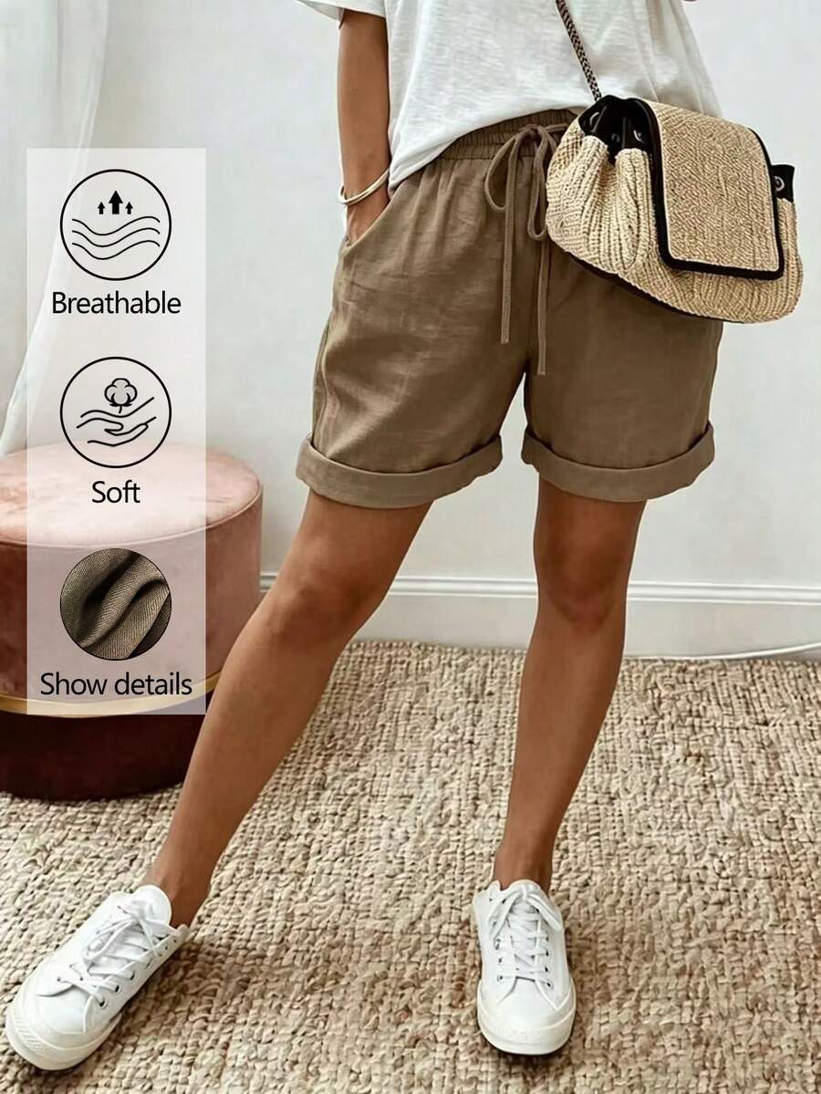EMERY ROSE Pantalones cortos de mujer talla grande de unicolor con cordón en la cintura, versátiles y de uso diario - Marrón - Ver 1