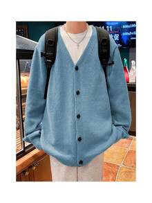 Manfinity Hypemode Men's Casual Versatile Solid Color Cardigan, Autumn/Winter - Baby Blue - View 5