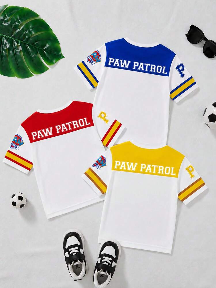 SHEIN | PAW Patrol Young Boy Archie,3-Piece Set Tricolor Contrast Print Short Sleeve T-Shirts, Summer Casual - Multicolor - View 4