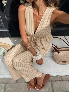 Serisse Casual Minimalist Khaki Striped Women's 2 Pieces Set, Suitable For Summer - Apricot - View 6