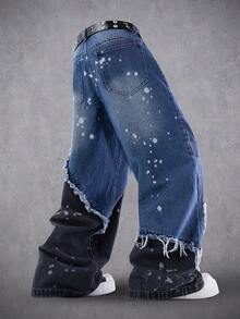 Manfinity Denimwave 美式風格中性雙色毛邊拼接牛仔寬腿褲 - 藍色 - 查看 2