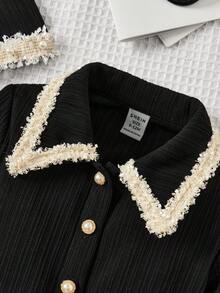 SHEIN Mommy And Me Matching Cute Elegant Elastic Knitted Color Blocking Ruffle Faux Pearl Button Collar Long Sleeve Dress, Suitable For Party, Outing, Birthday - Black - View 4