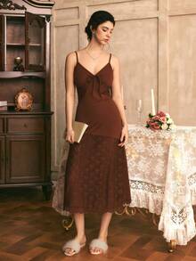 Côtesoire French Elegant Romantic Solid Color Lace Patchwork Spaghetti Strap Slim Fit Long Women's Nightgown - Brown - View 5