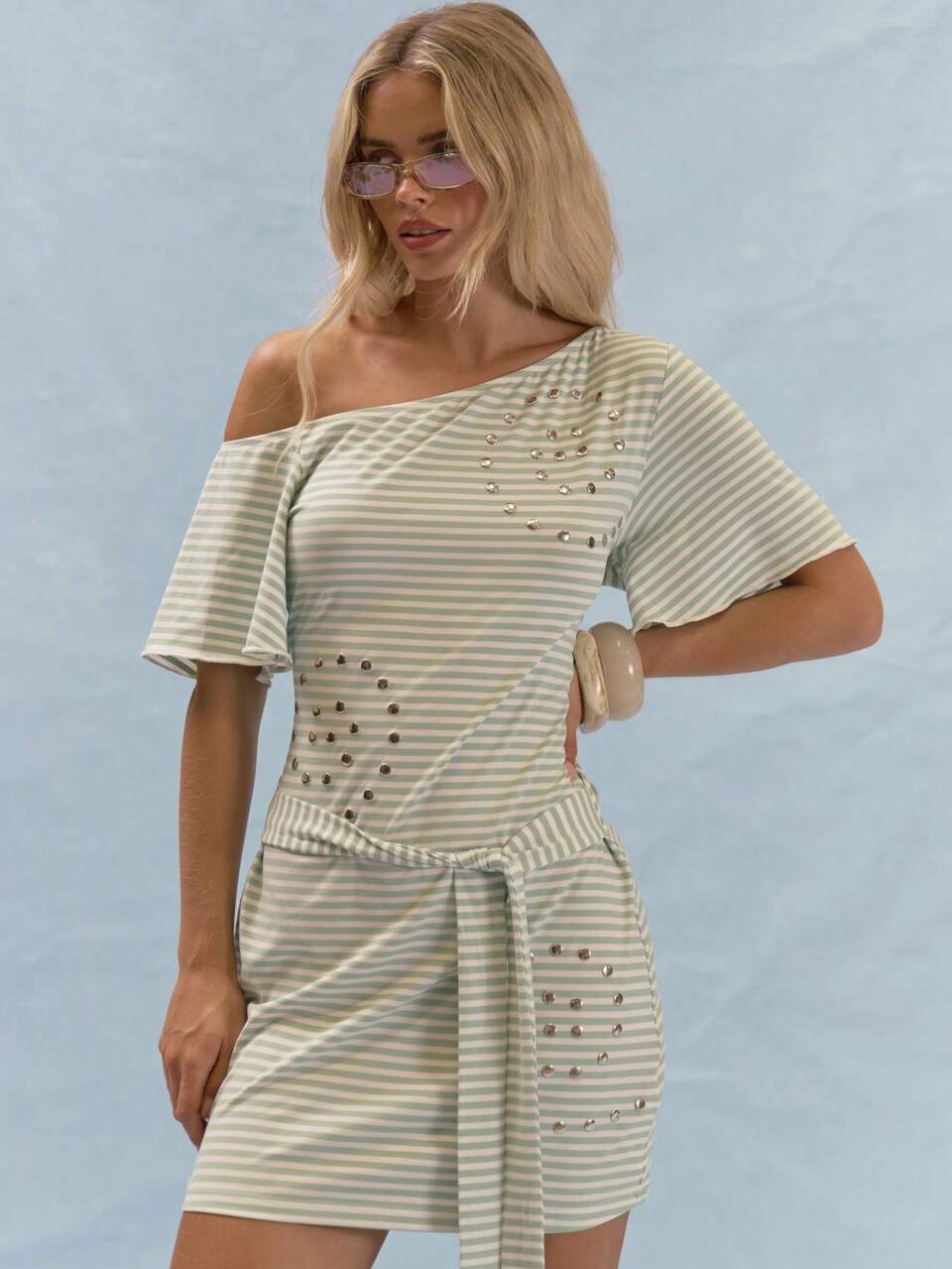 Green Striped Stud Detail Asymmetric Neck Mini Dress